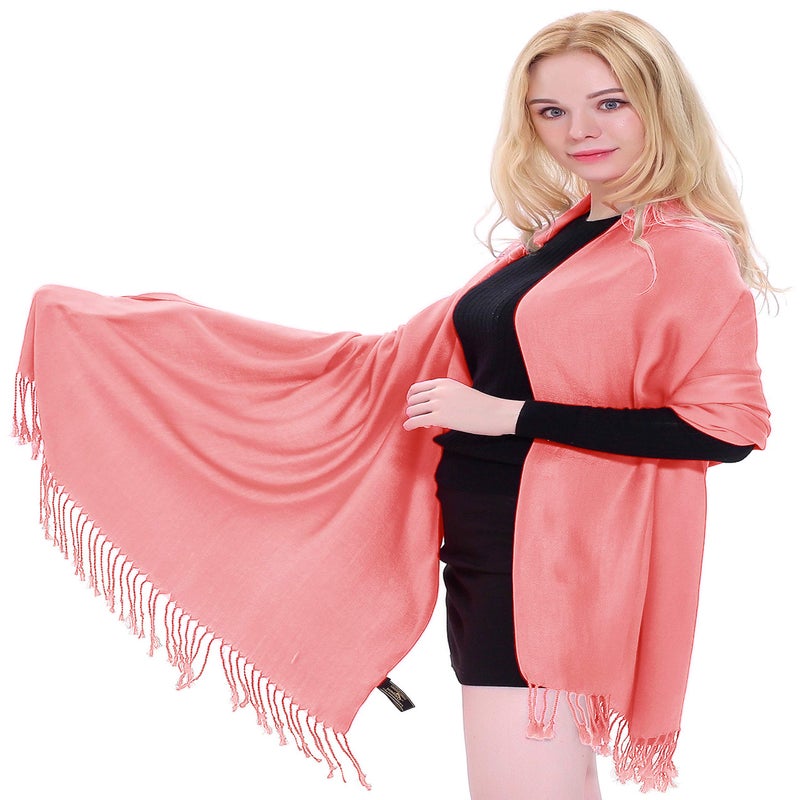 CJ Apparel Coral Pink Solid Color Pink Tassels Design Nepalese Shawl Scarf Wrap Stole Throw Head Wrap Pashmina Gift Hand Made in Nepal New - Image 1